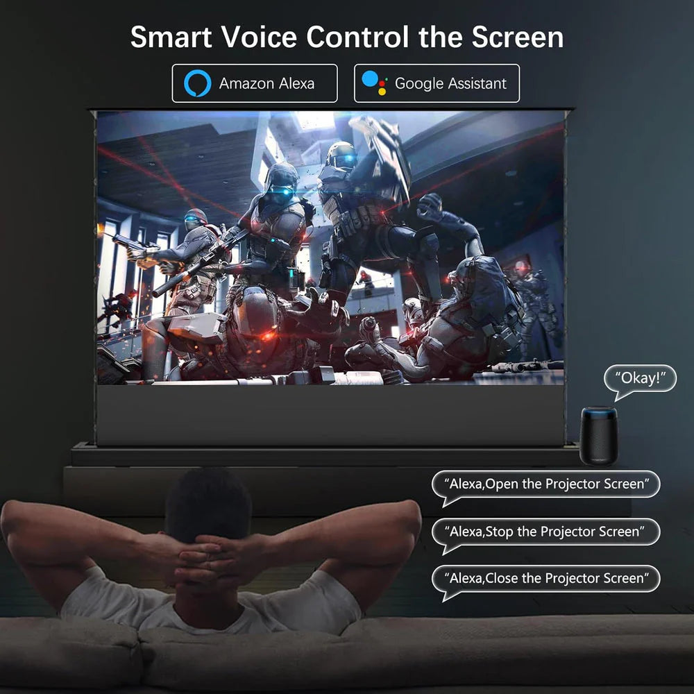 【Smart Home Cinema Centerpiece】Easy View Motorized Projector Screen - Voice Controlled 4K Screen with Silent Auto-Lift for Living Room Theater